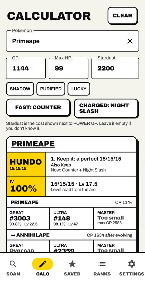 The IV Lens calculator with a result
