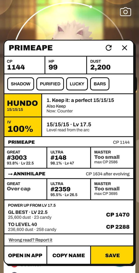 The IV Lens card with IVs, level, PvP ranks and next steps