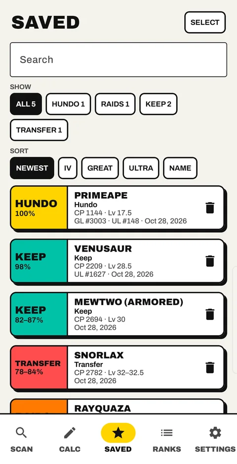 The saved list with filters